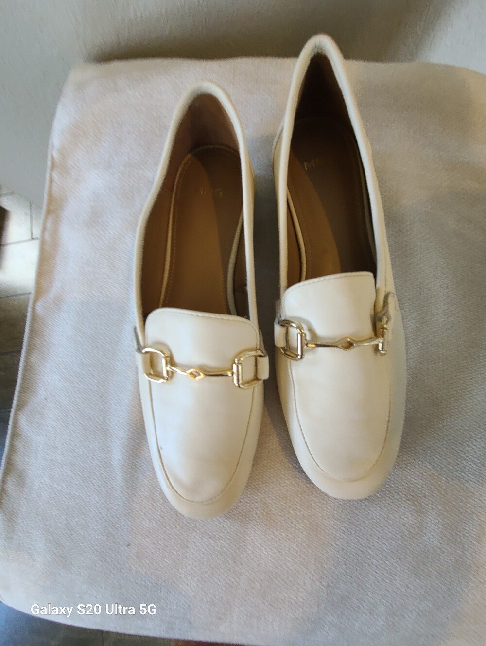 Mango MNG Cream Women's Slip-On Leather Loafers with Gold Bit Accent